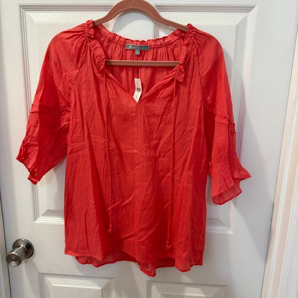 Daniel Rainn Size M Ramie Blend Coral Red Tassel Tie-Neck 3/4 Sleeve Blouse Top‎